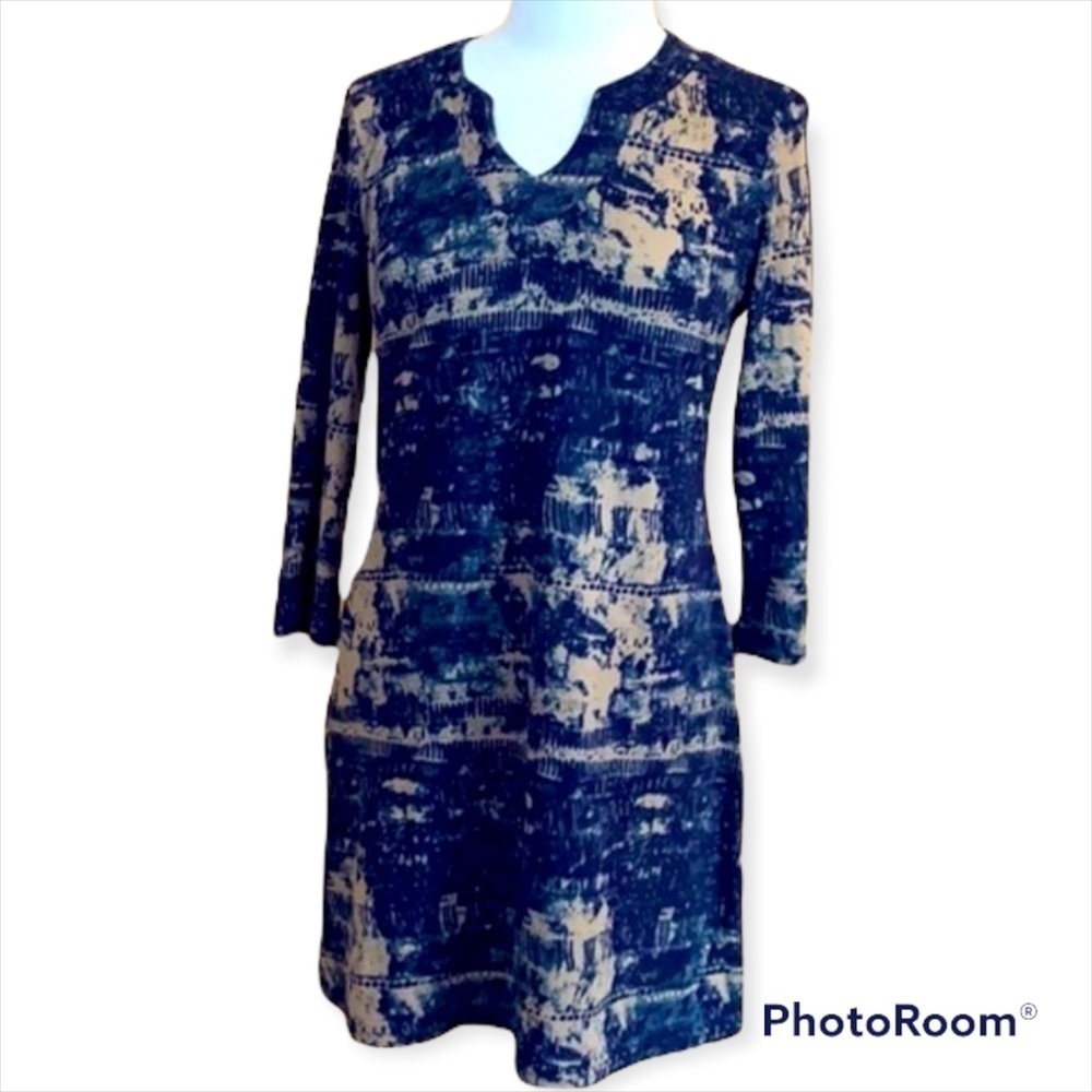 Neesha Jellabah Shift Dress Navy and Brown Unique V Neck Size Large‌‌‌‌‌